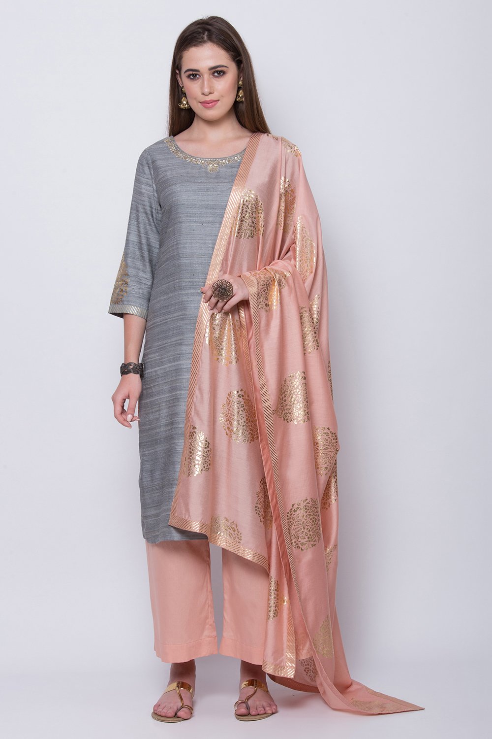 Grey Silk Straight Kurta Palazzo Suit Set image number 0