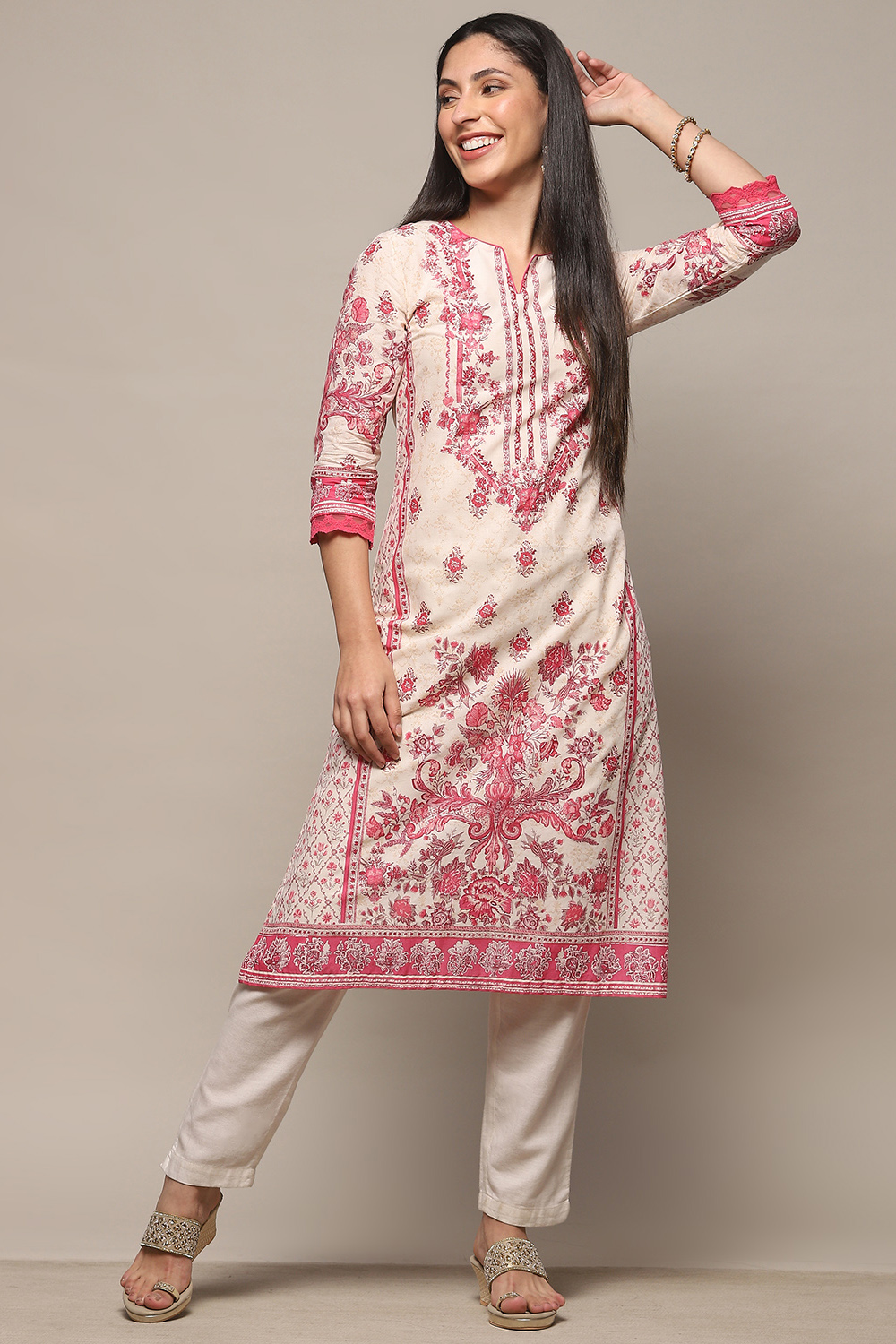 Off-white & Pink Pure Cotton Printed Straight Kurta image number 0