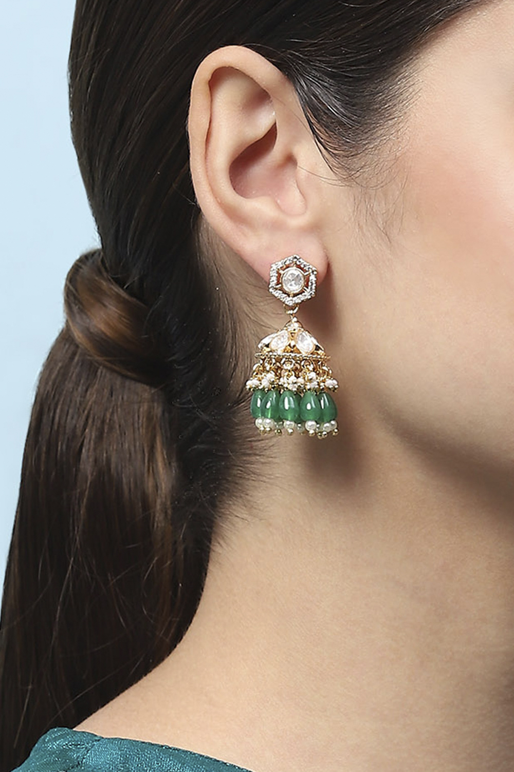 Green Kundan Festive Jhumka image number 3