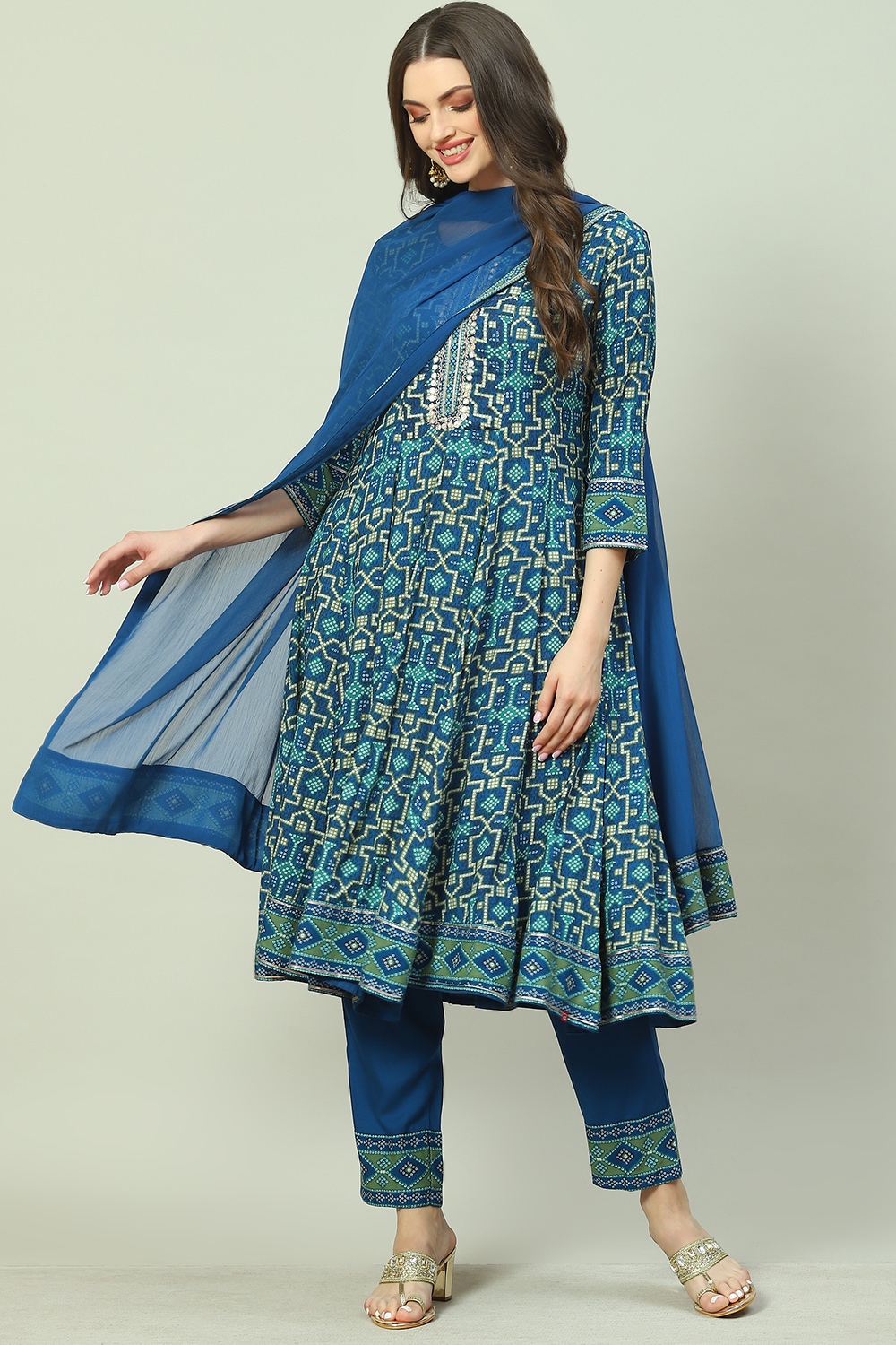 Indigo LIVA Kalidar Kurta Pant Suit Set image number 7