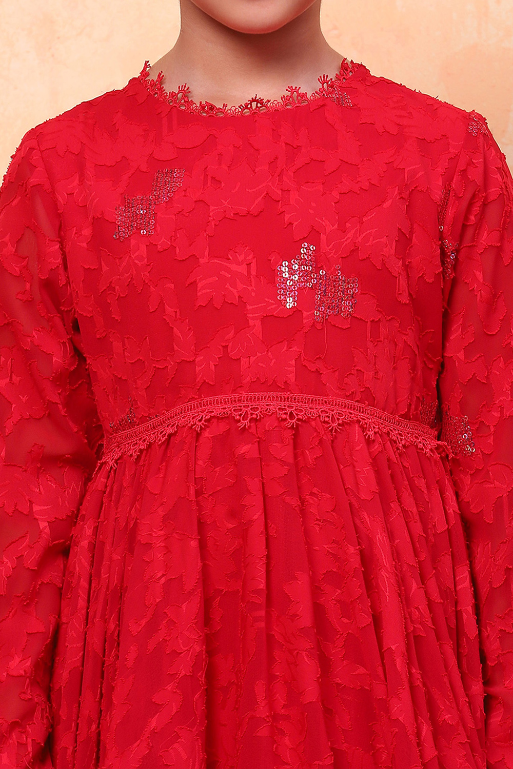 Red Jacquard Floral Self-Design Gathered Festive Gown image number 1