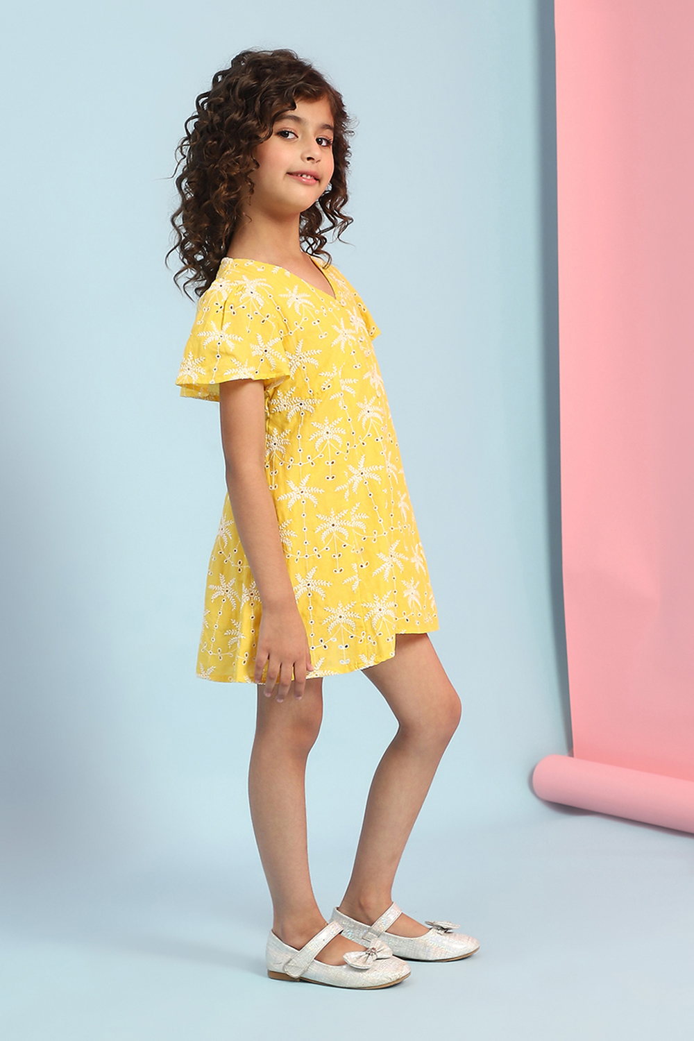 Yellow Pure Cotton Schiffli A-Line Dress image number 4