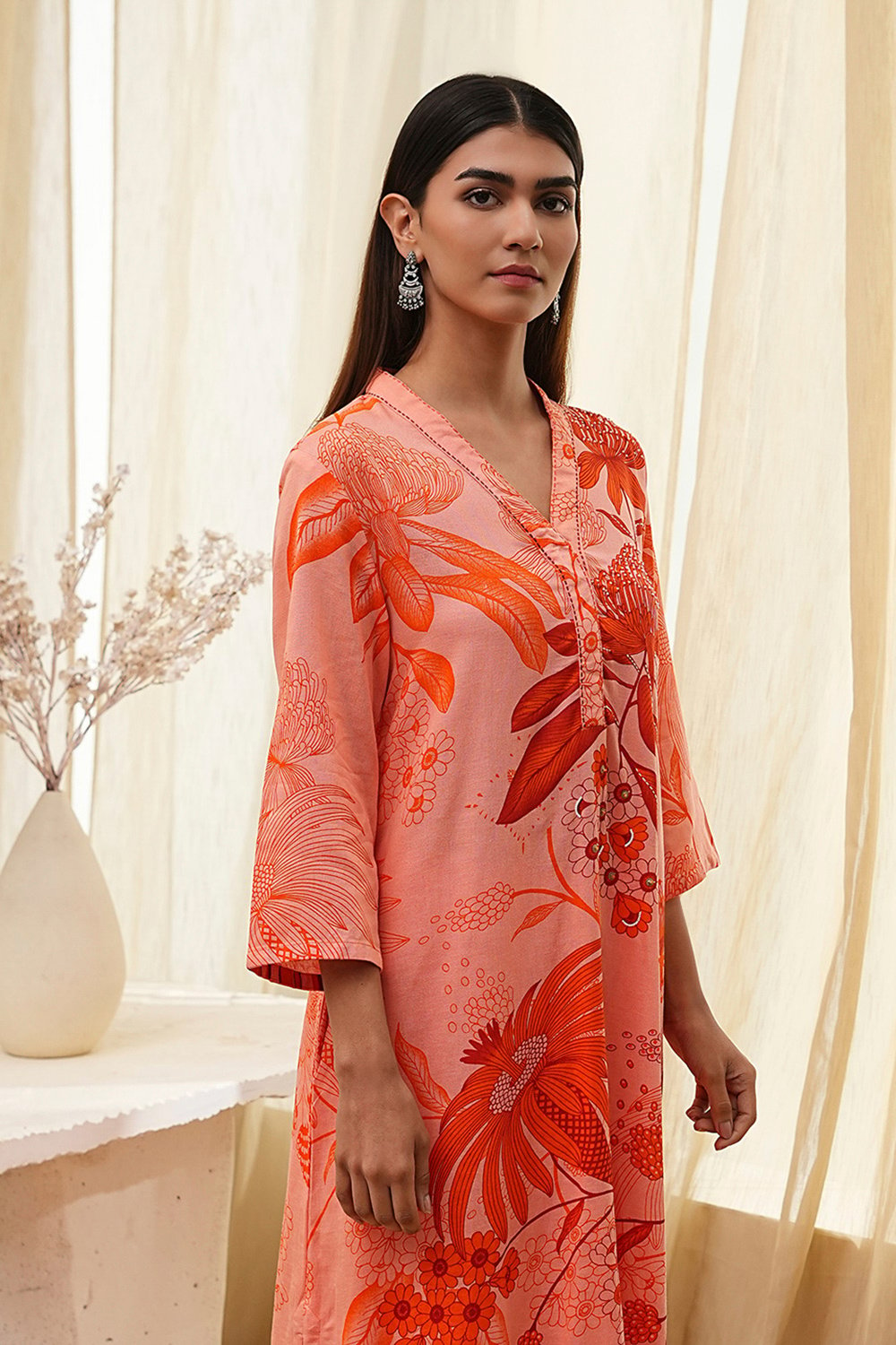 Peach Viscose Rayon Straight Suit Set image number 1