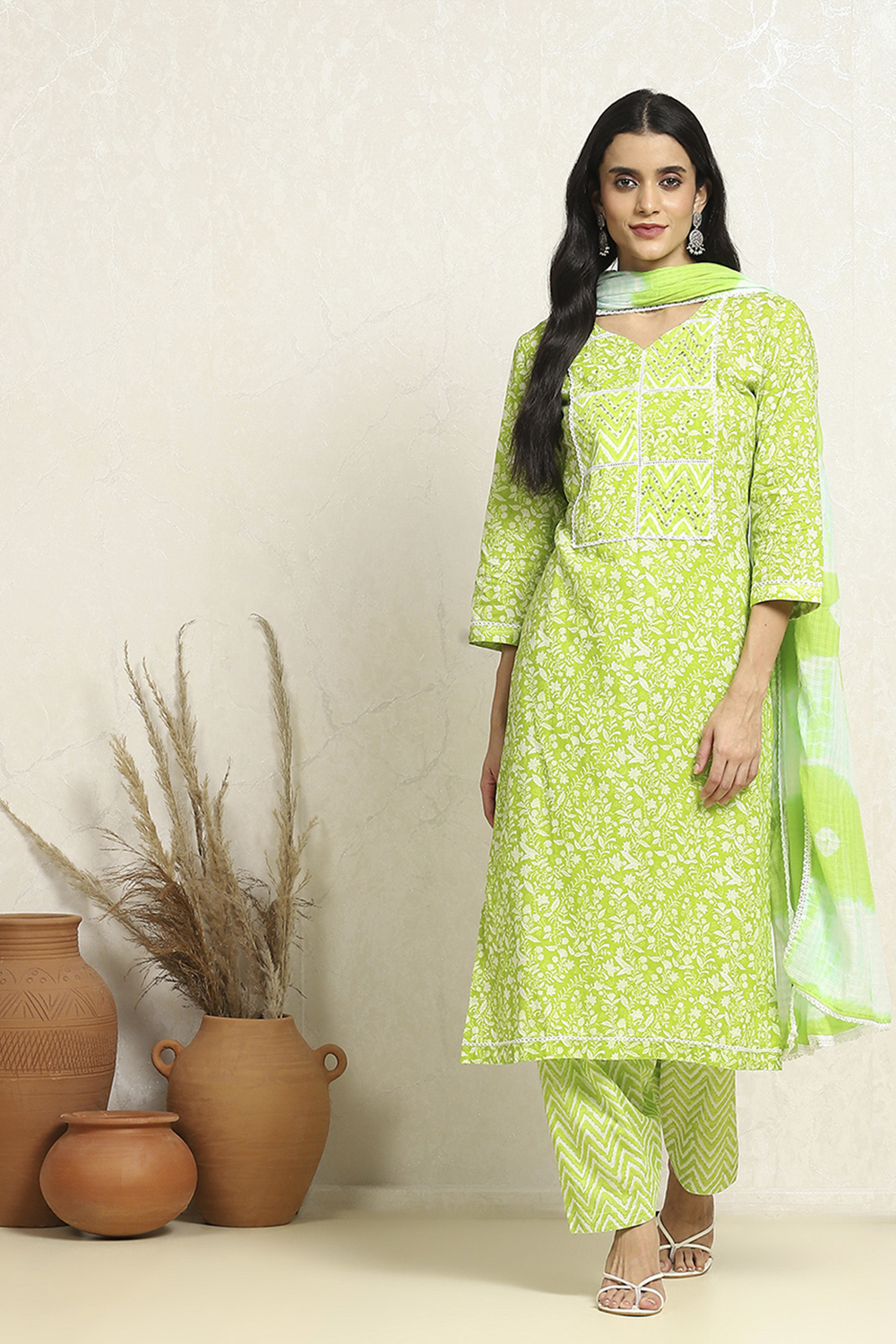 Grey Cotton Floral Printed Unstitched Suit Set image number 1