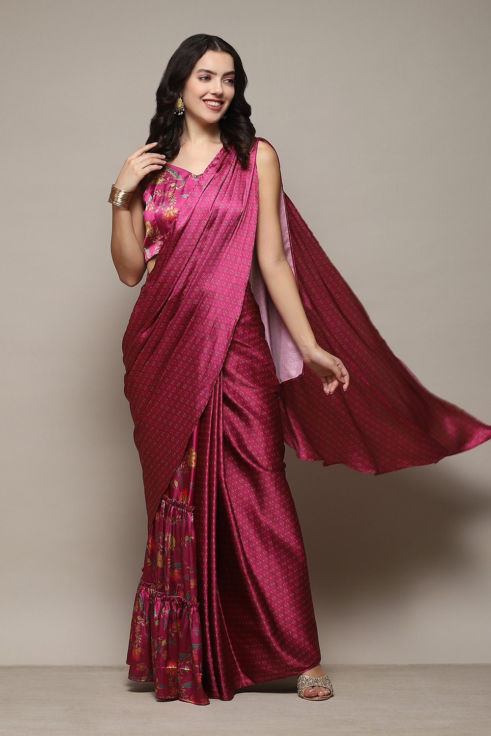 Plum Pre-Draped Saree & A Stitched Blouse With Floral Prints image number 6