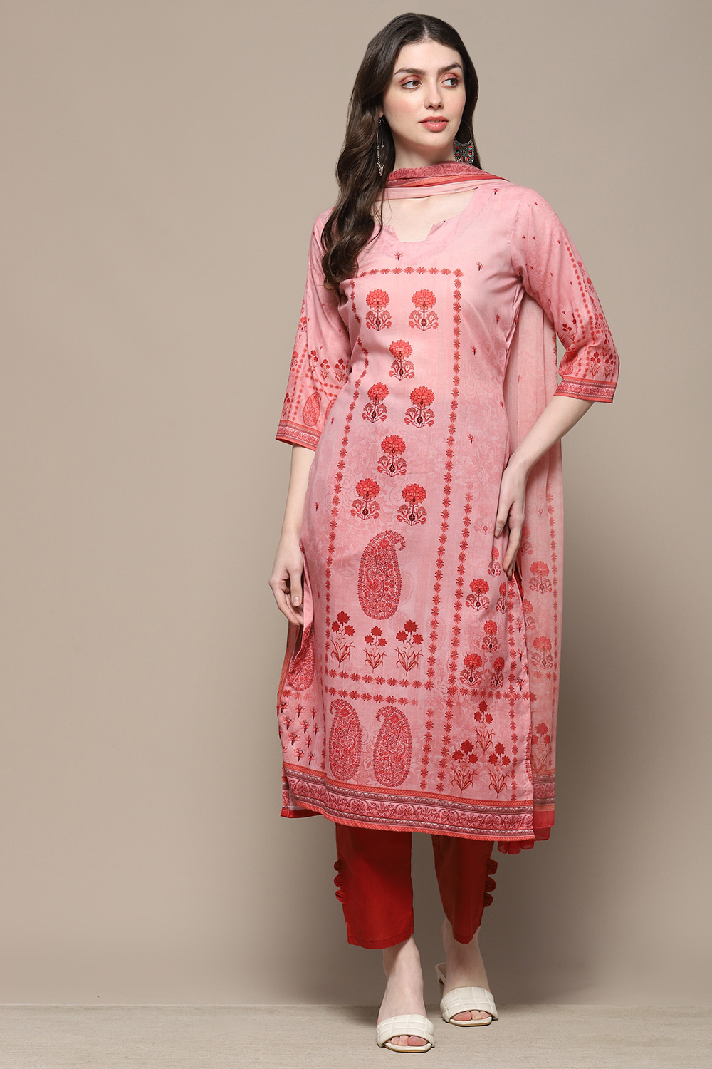 Red Cotton Blend Floral Digital Print Unstitched Suit Set image number 8