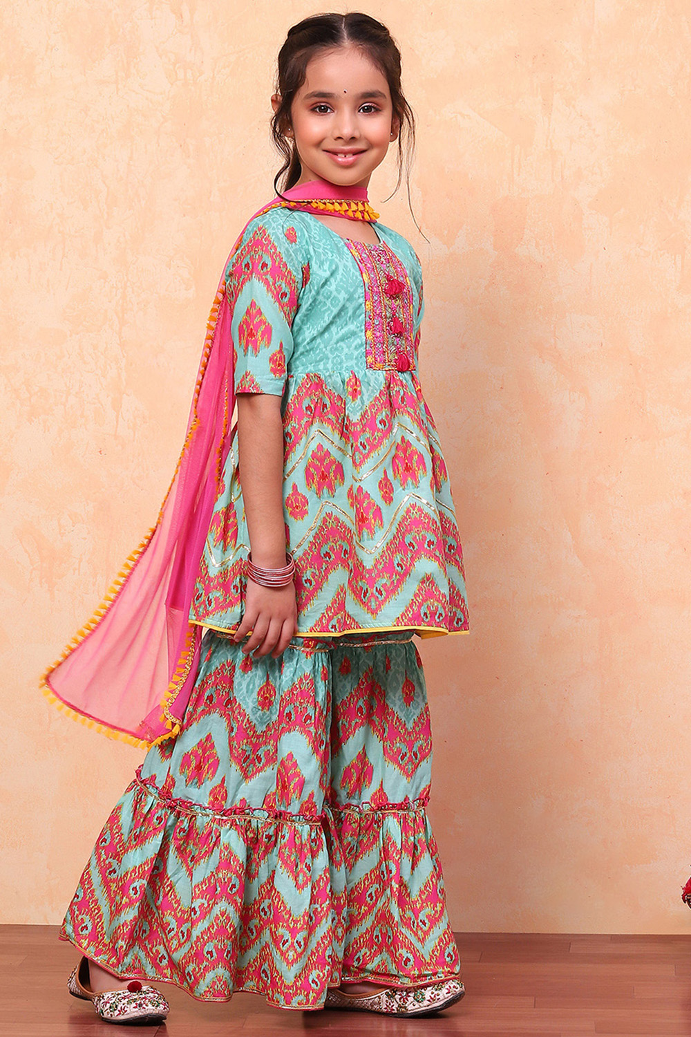 Turquoise Cotton Ikat Printed Peplum Flared Suit Set image number 3