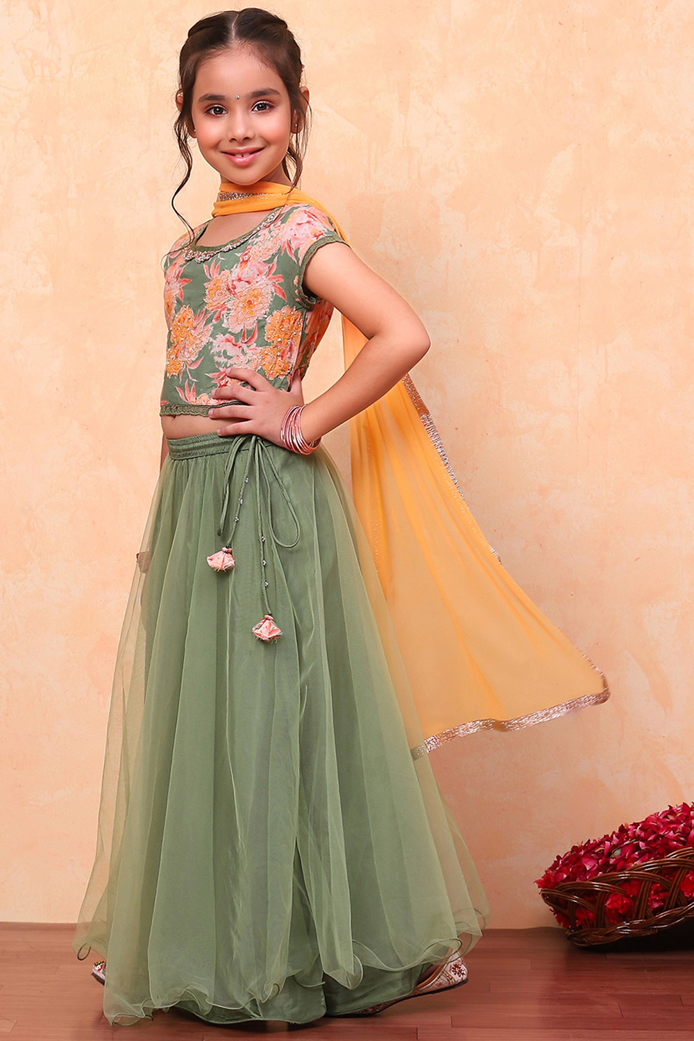 Green Floral Festive Flared Lehenga Set image number 5