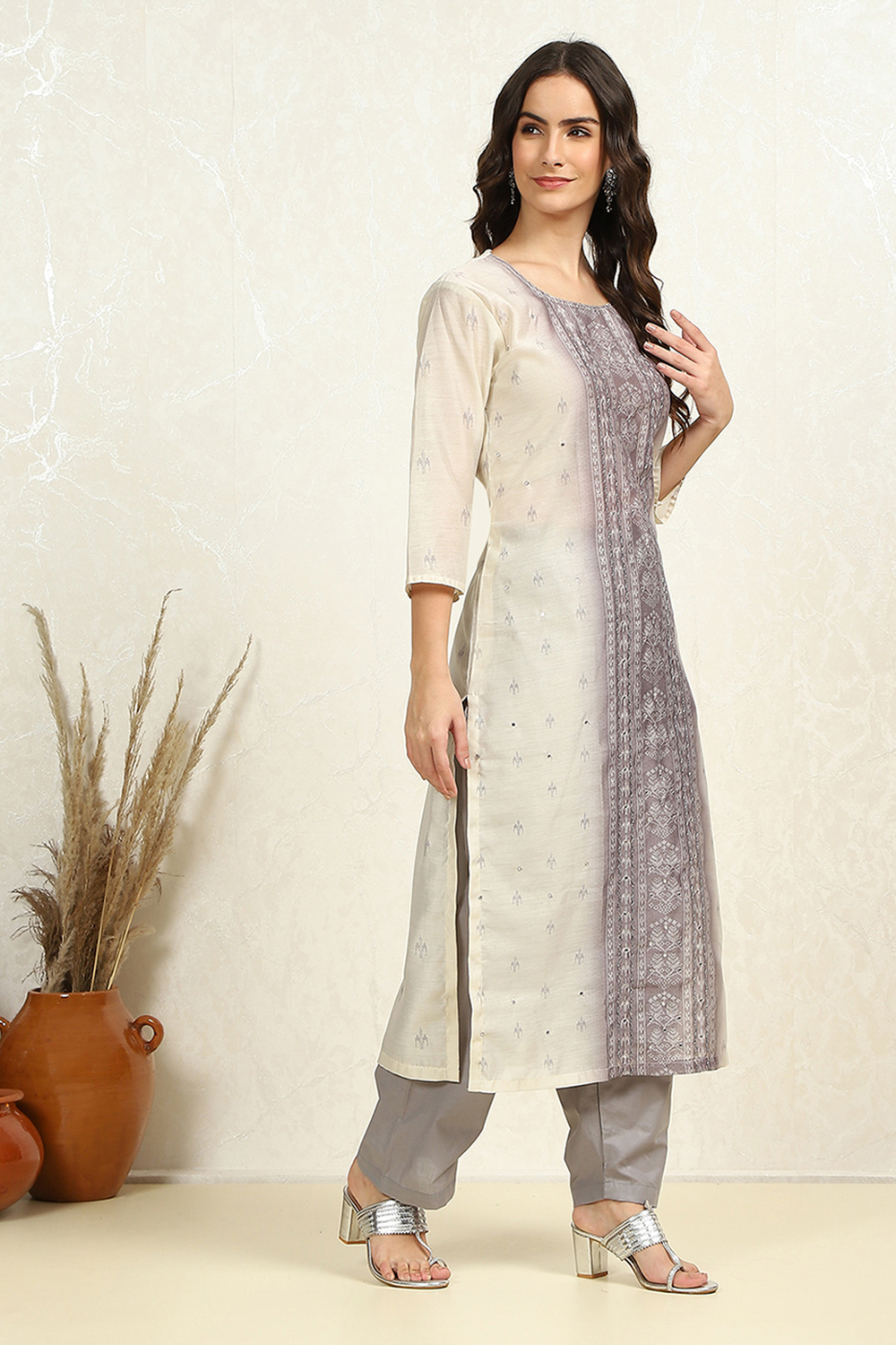 Grey and Off-White Chanderi Woven Unstitched Suit Set image number 6