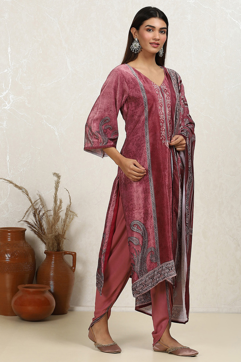 Brown Velvet Digital Print Unstitched Suit Set image number 6