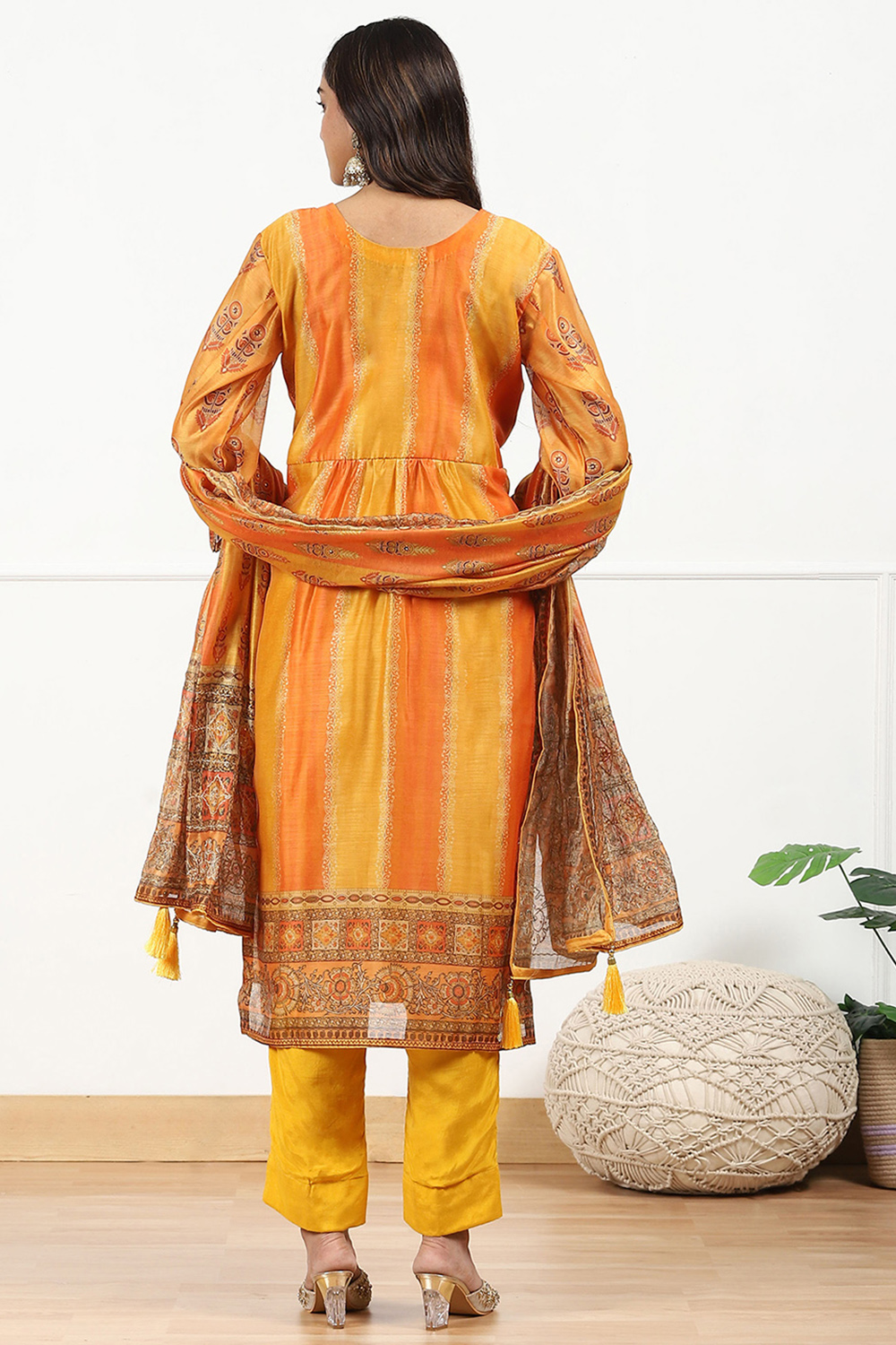 Yellow Chanderi Printed  Embroidered Unstitched Suit Set image number 3