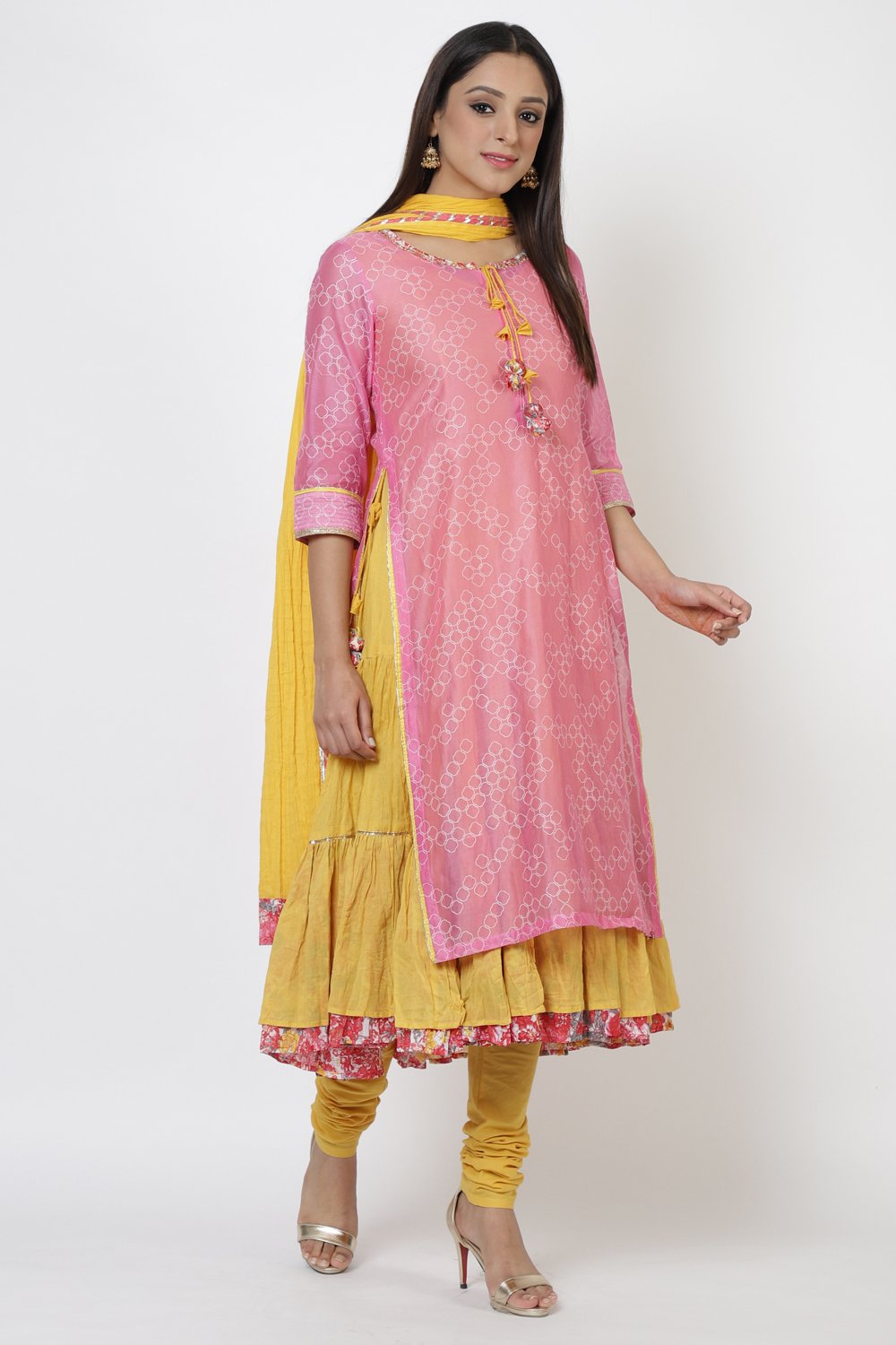 Pink Cotton A-Line Kurta Churidar Suit Set image number 4