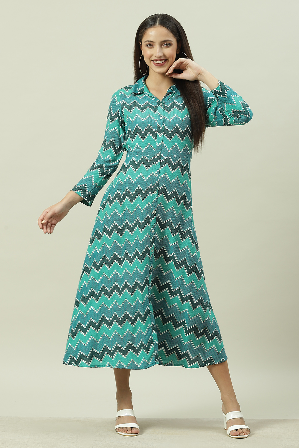 Turquoise Chevron Block Printed Shirt-Style Flared Dress image number 0