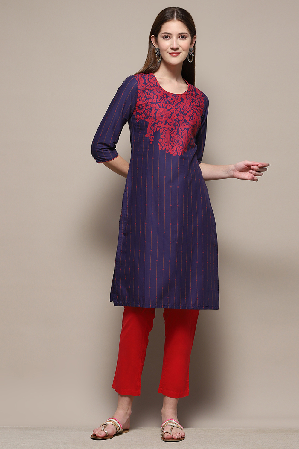 Blue Cotton Straight Printed Kurta image number 0