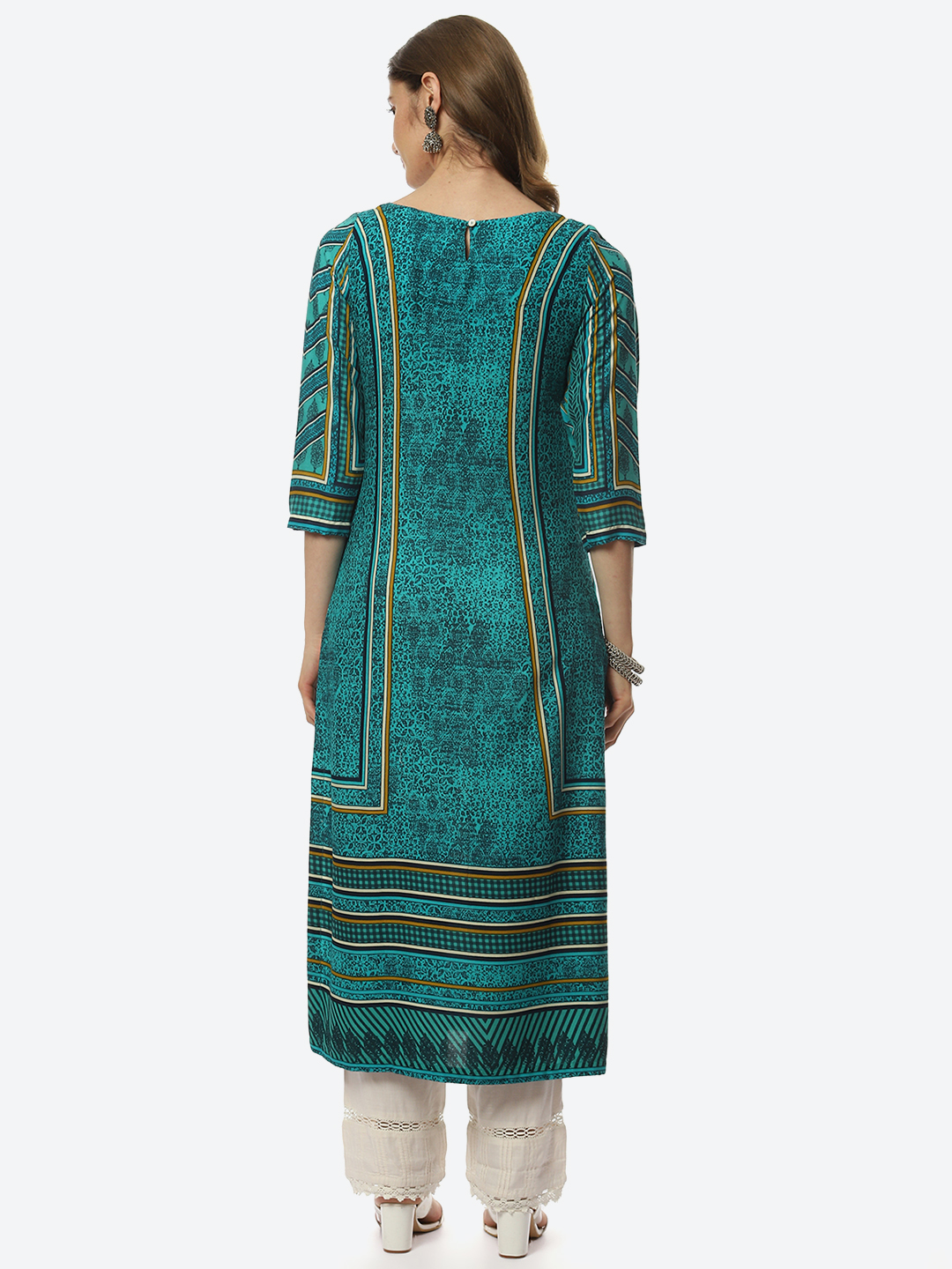 Green & Turquoise Rayon Straight Printed Kurta image number 4