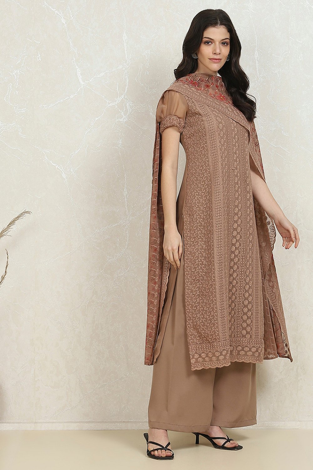 Brown Georgette Machine Embroidered Unstitched Suit Set image number 6