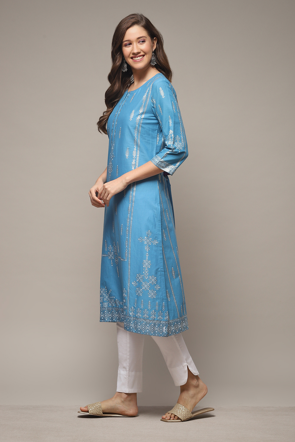 Ink Blue Cotton Straight Printed Kurta image number 3