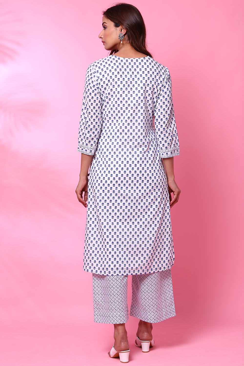 White Cotton Straight Kurta Palazzo Suit Set image number 8