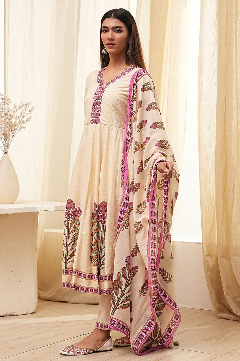 Beige Cotton Printed Anarkali Suit Set image number 3