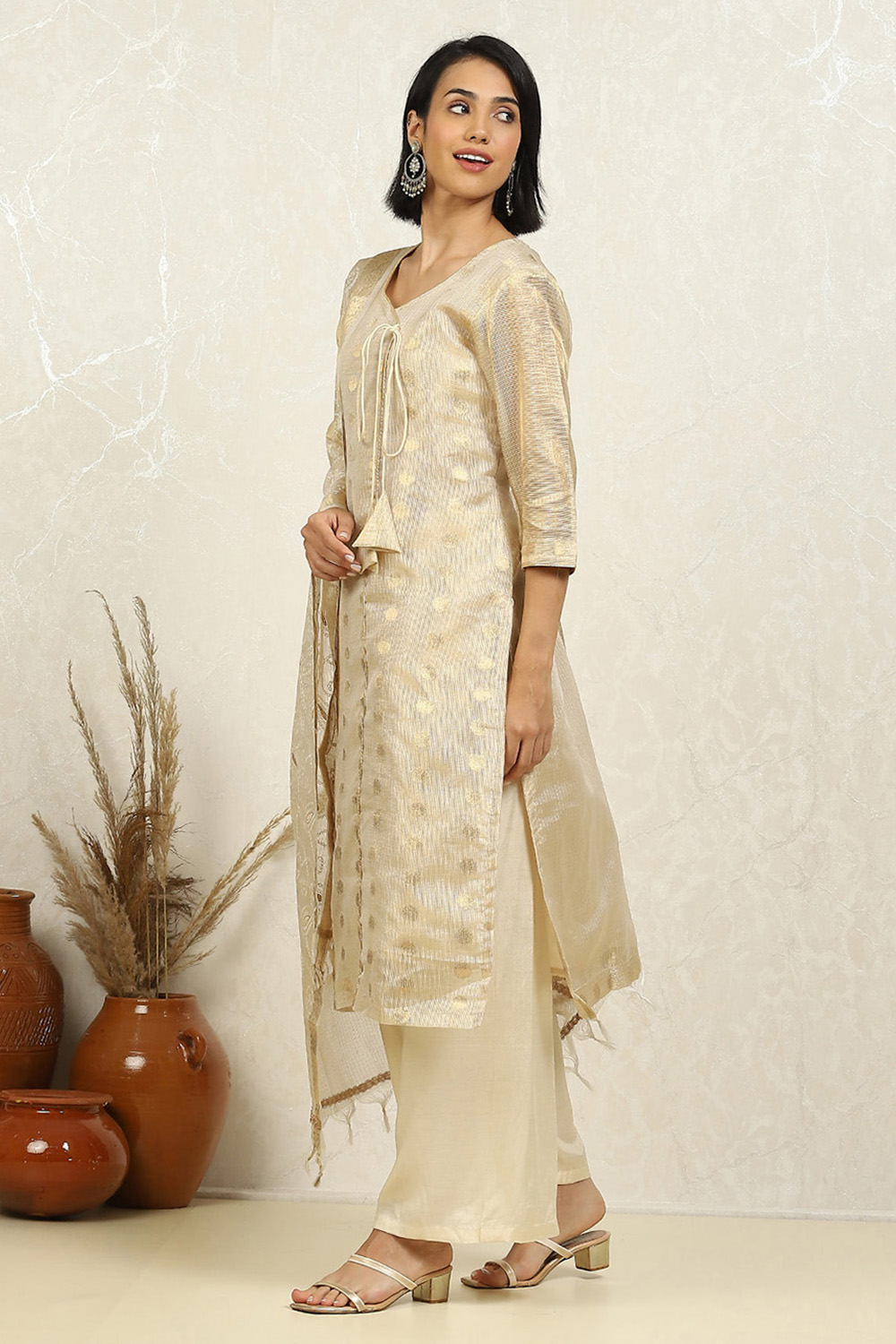 Beige Tissue Woven Design Unstitched Suit Set image number 4