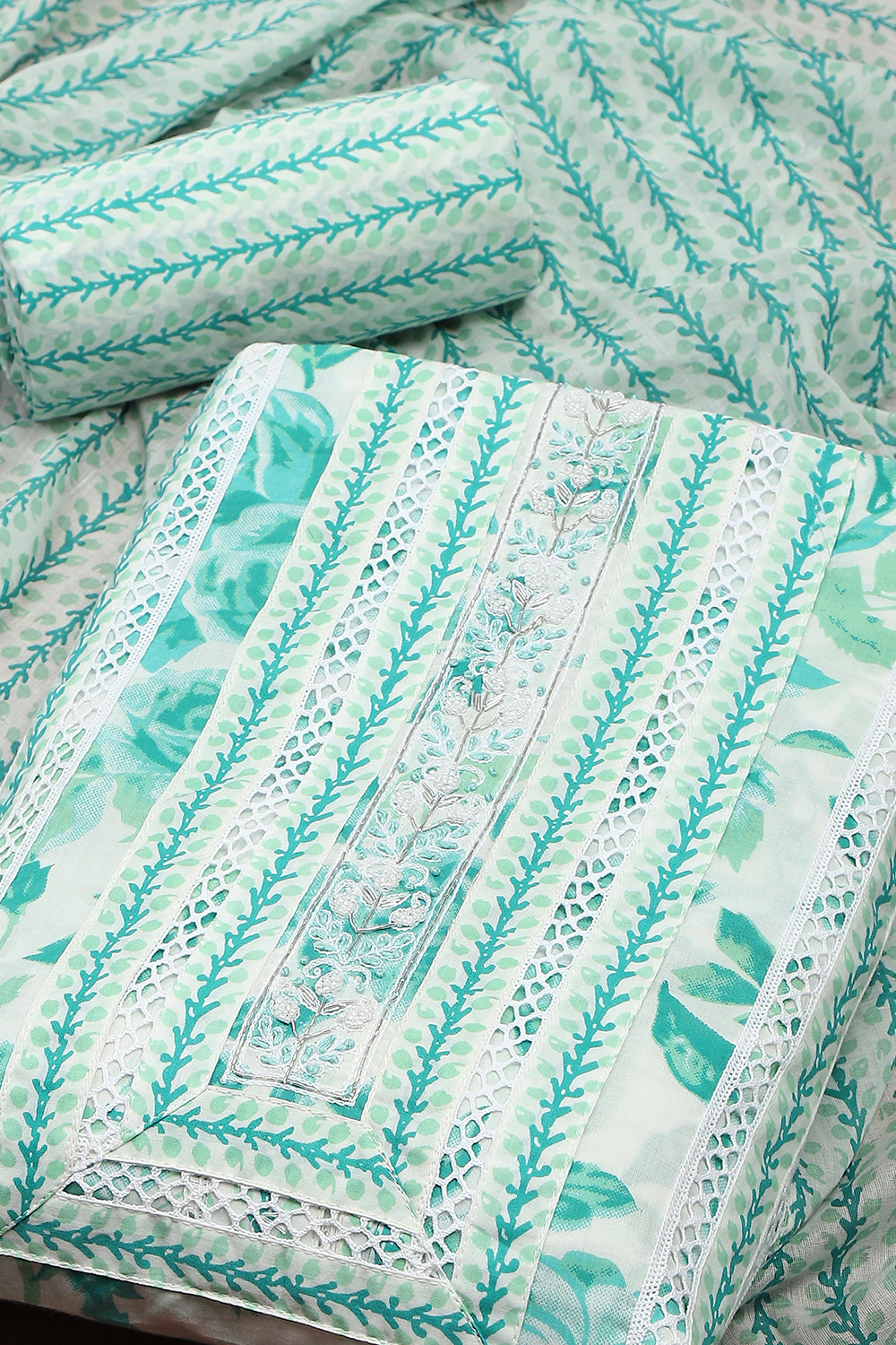 Teal Cotton Printed Unstitched Suit Set image number 1