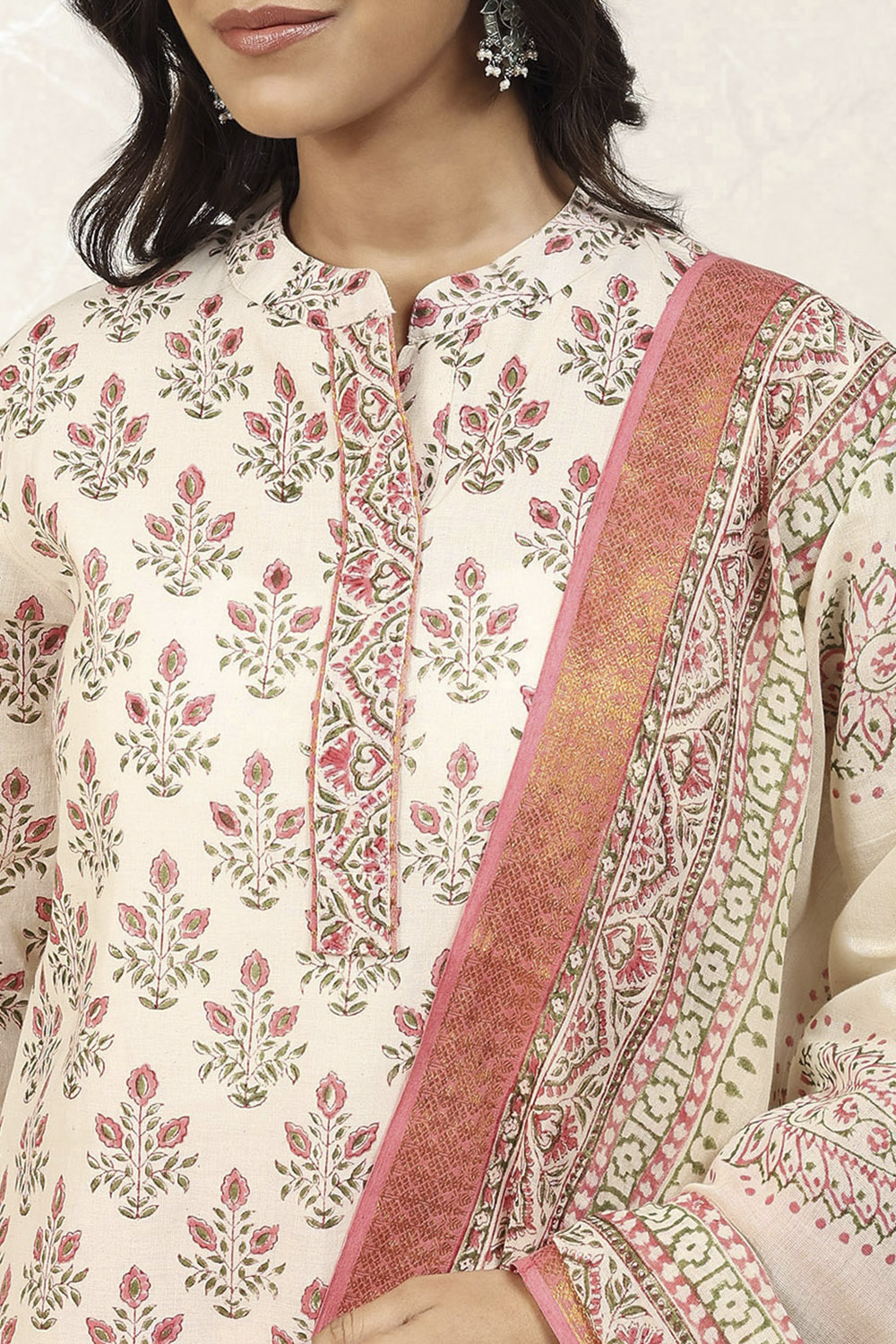 White Pink Cotton Hand Block Print Unstitched Suit Set image number 2