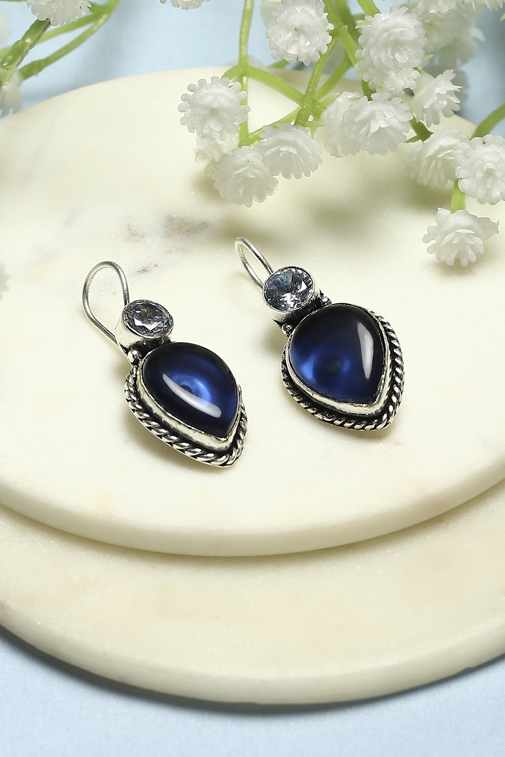 Navy Blue Silver-Plated Stone Studded Nepali Danglers image number 0