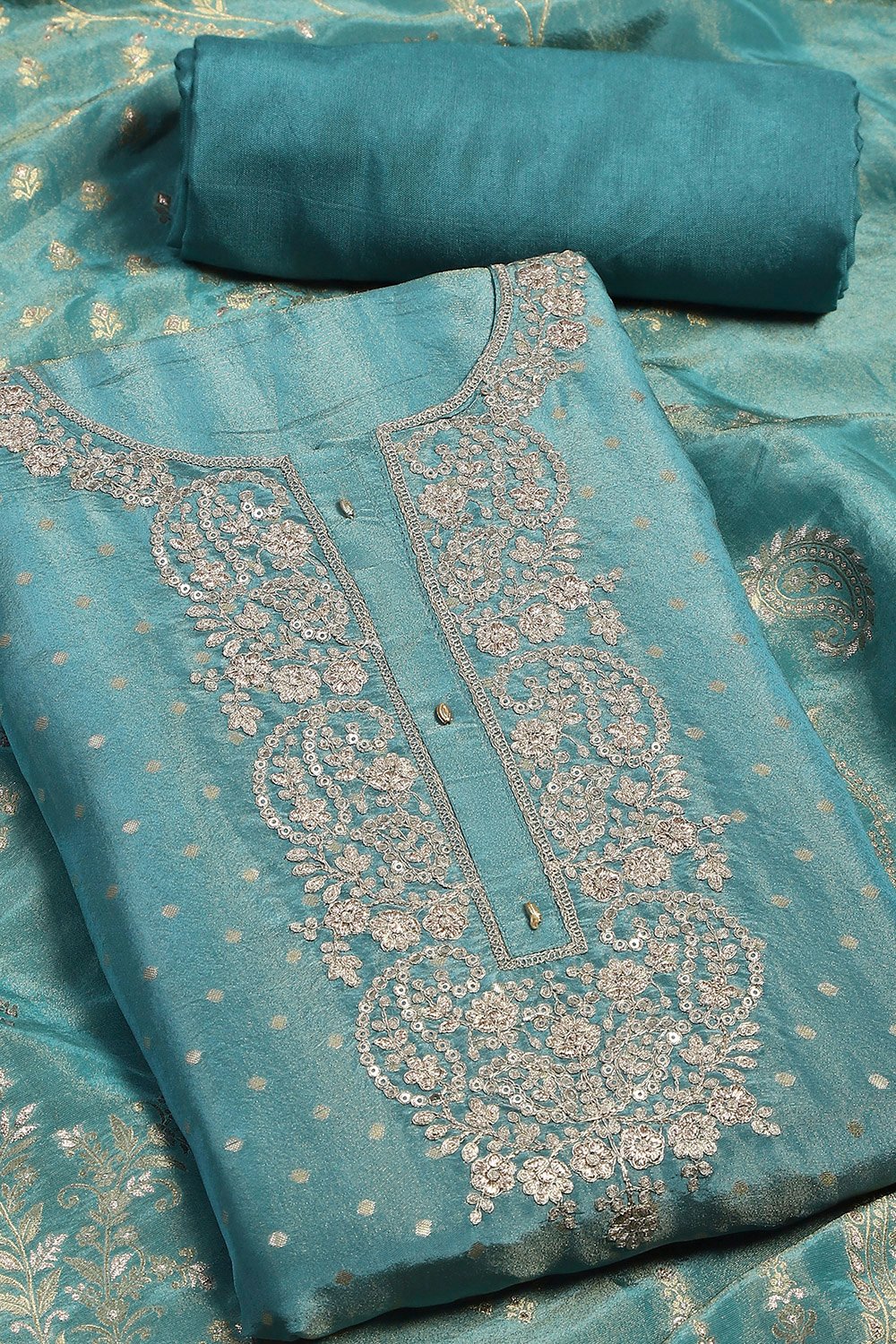 Pastel Blue Tissue Woven Unstitched Suit Set image number 1