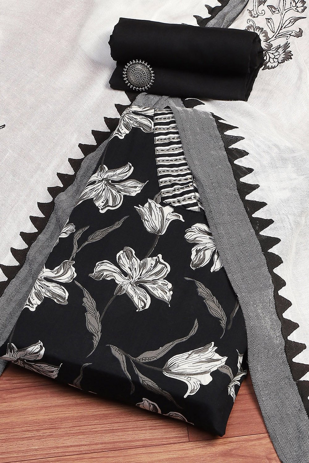 Black Cotton Floral Printed Unstitched Suit Set image number 0