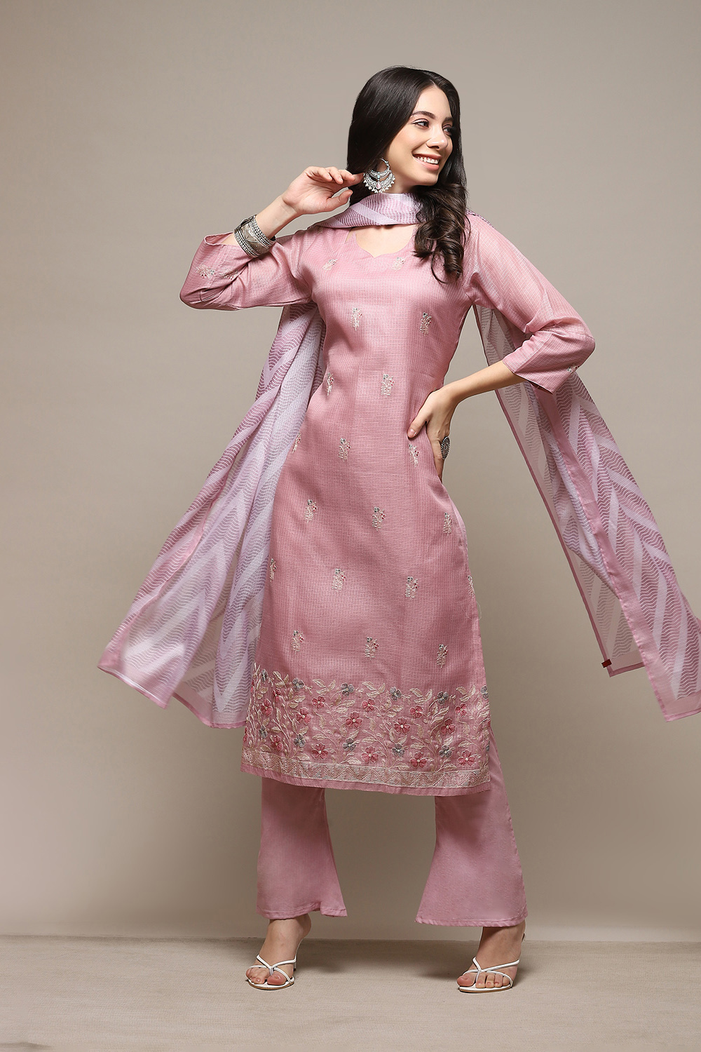 Pink Cotton Blend Printed Unstitched Suit Set image number 1