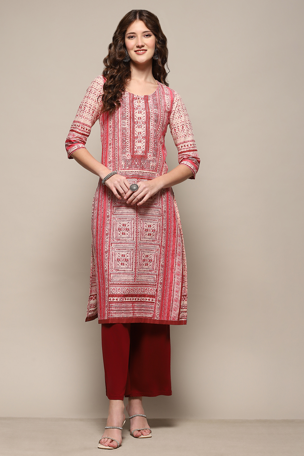 Rust & Off-white Cotton Printed Straight Kurta image number 0