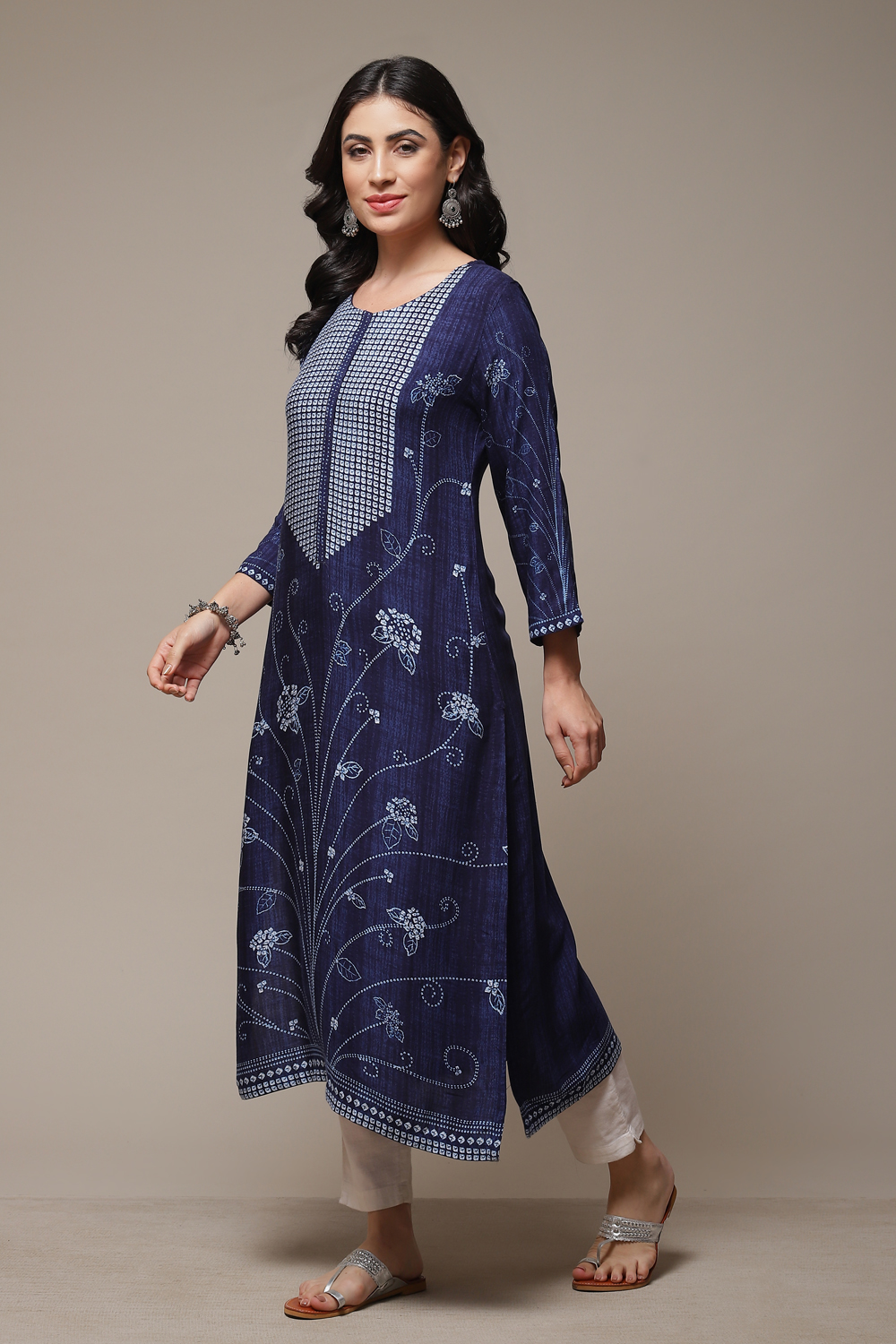 Indigo LIVA Straight Printed Kurta image number 3