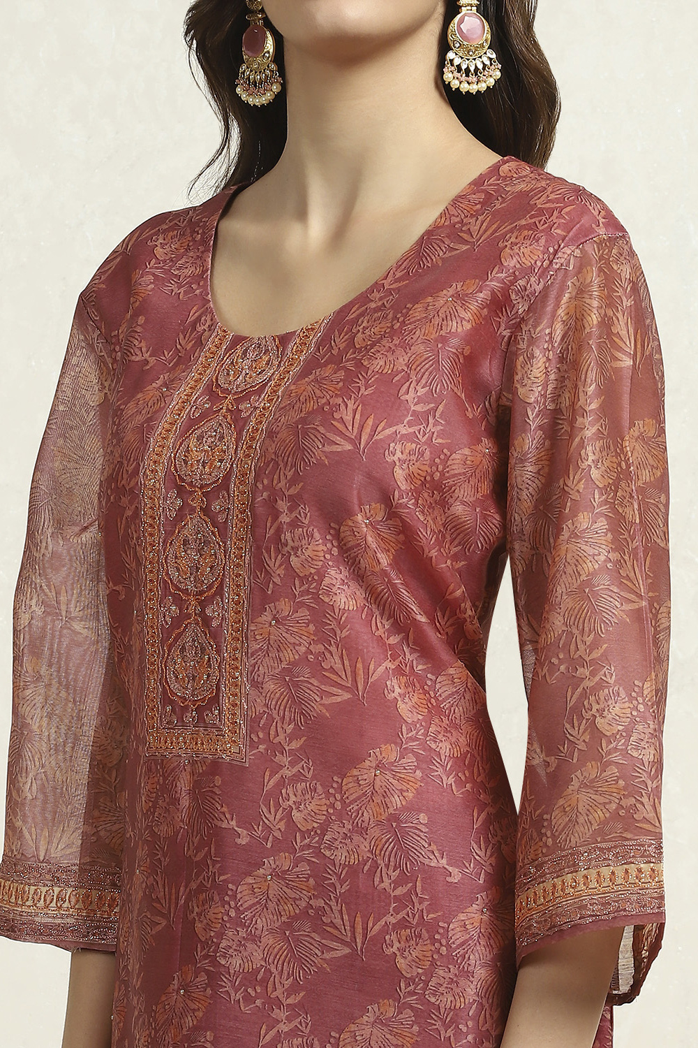 Grey Chanderi Printed Unstitched Suit Set image number 2