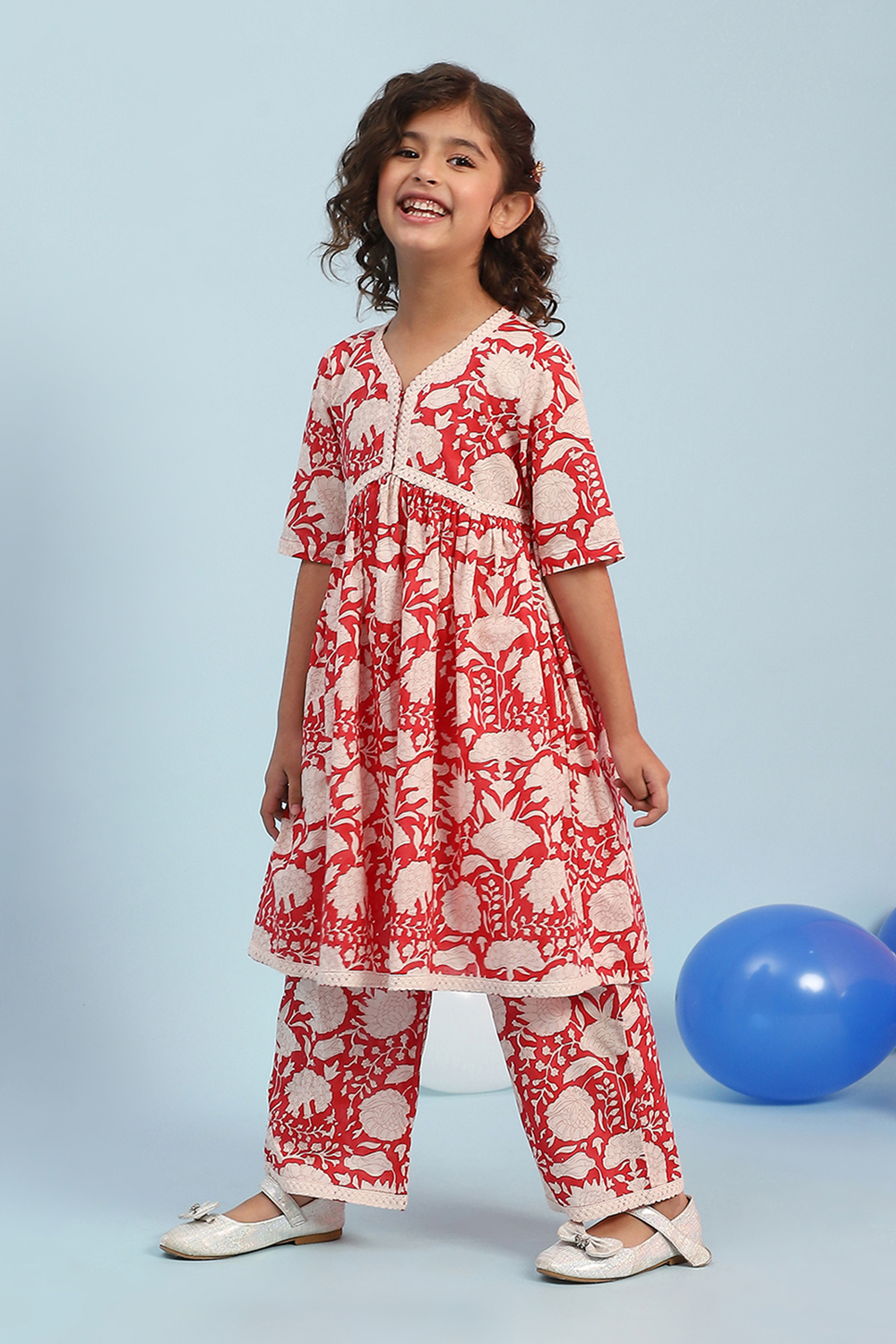 Red Cotton Floral Gathered Kurta Set image number 0