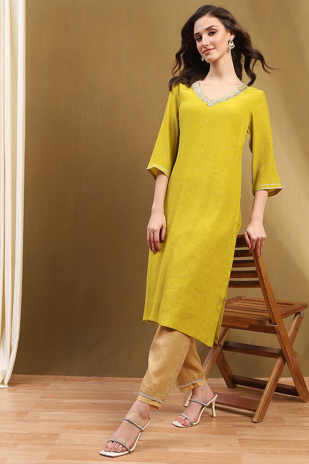 Mustard Yellow Viscose Blend Straight Festive Kurta image number 0