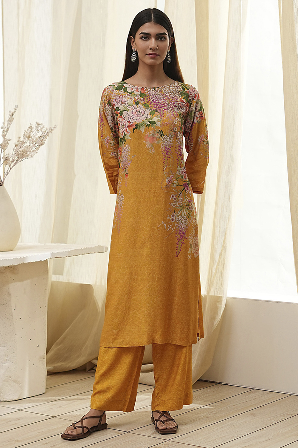 Mustard Modal Blend Straight Suit Set image number 6