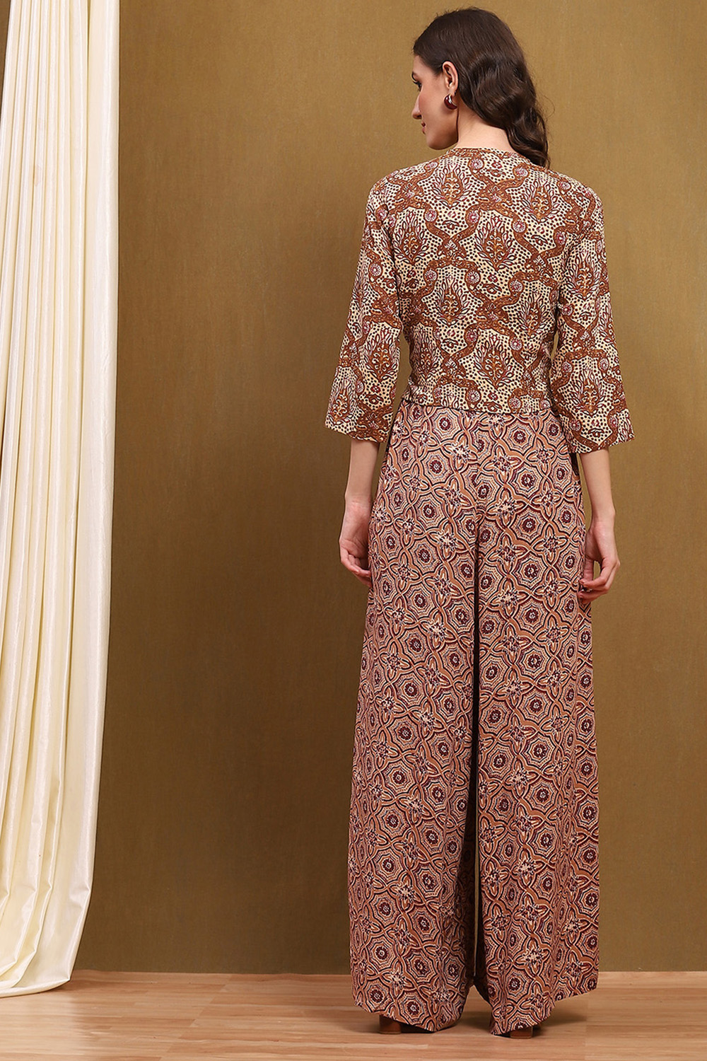 Beige Block-Printed Straight Jumpsuit image number 3