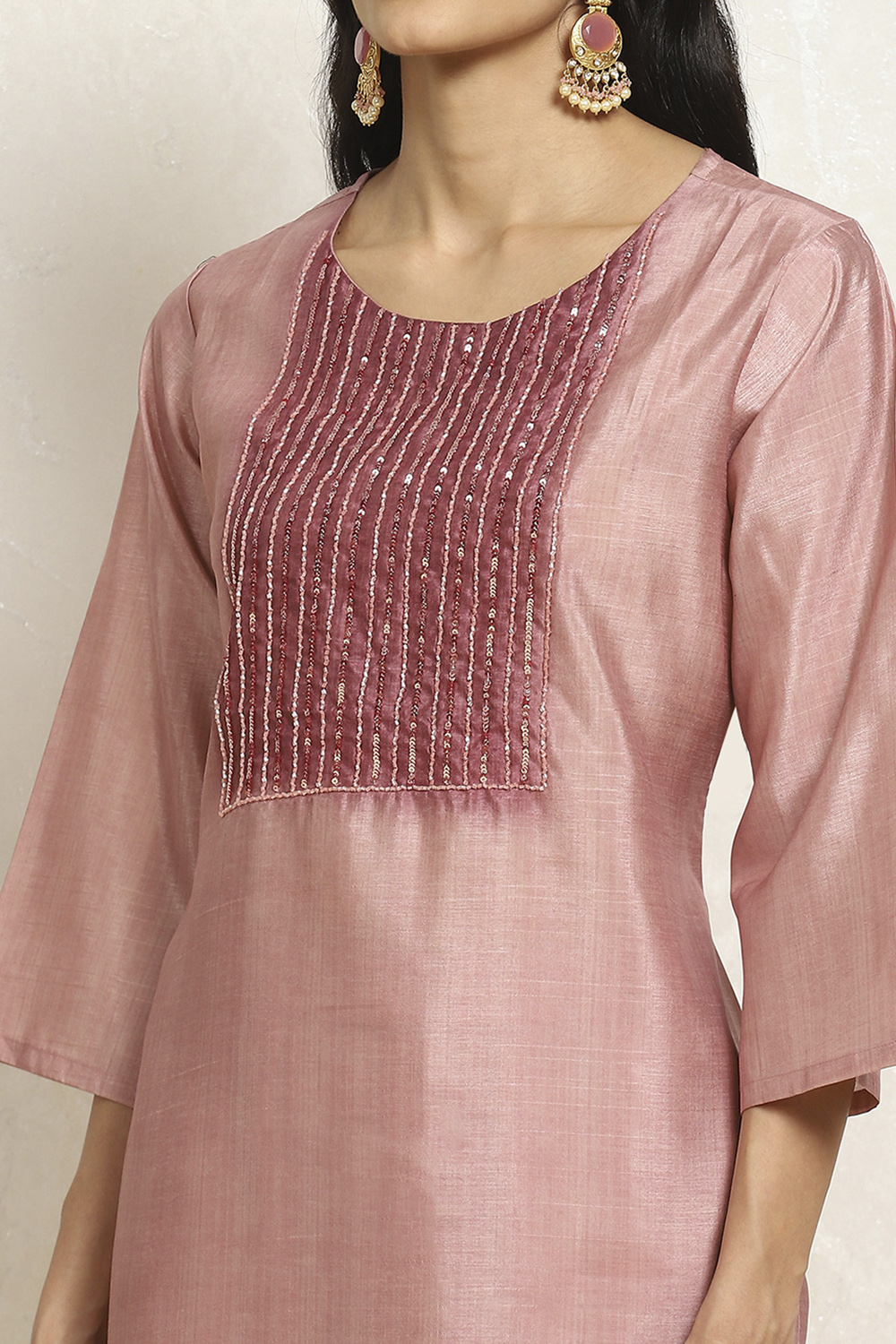 Pink Cotton Kota Embellished Unstitched Suit Set image number 2