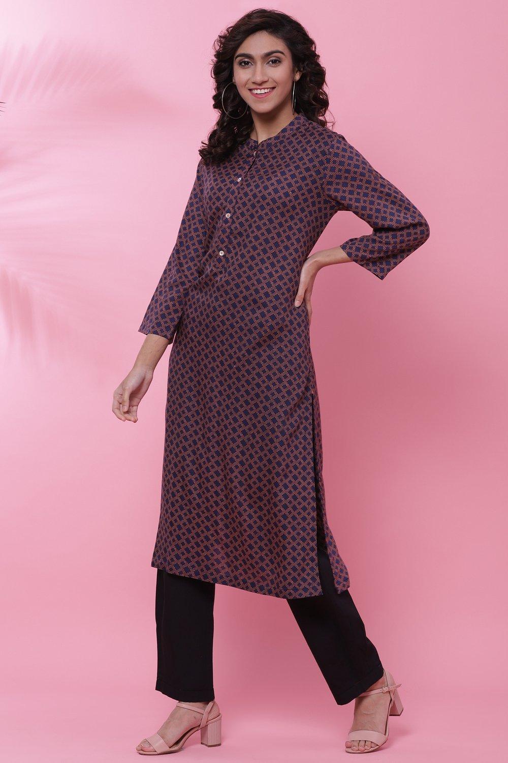 Blue Rayon A-Line Printed Kurta image number 2