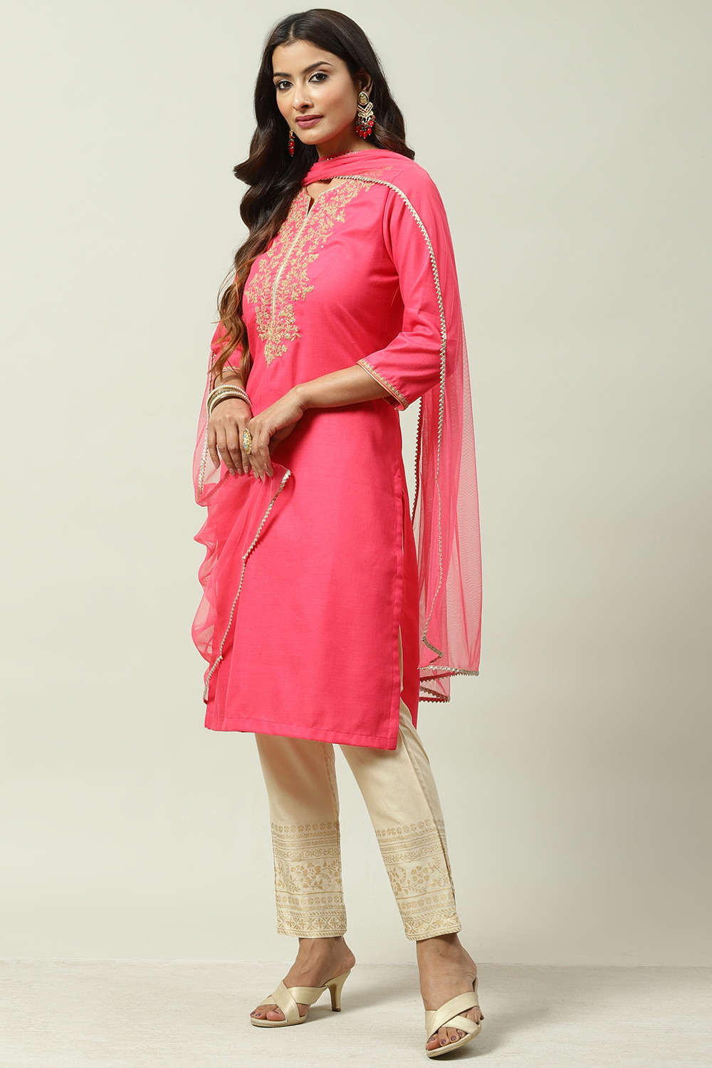 Fuschia Cotton Straight Kurta Pant Suit Set image number 5