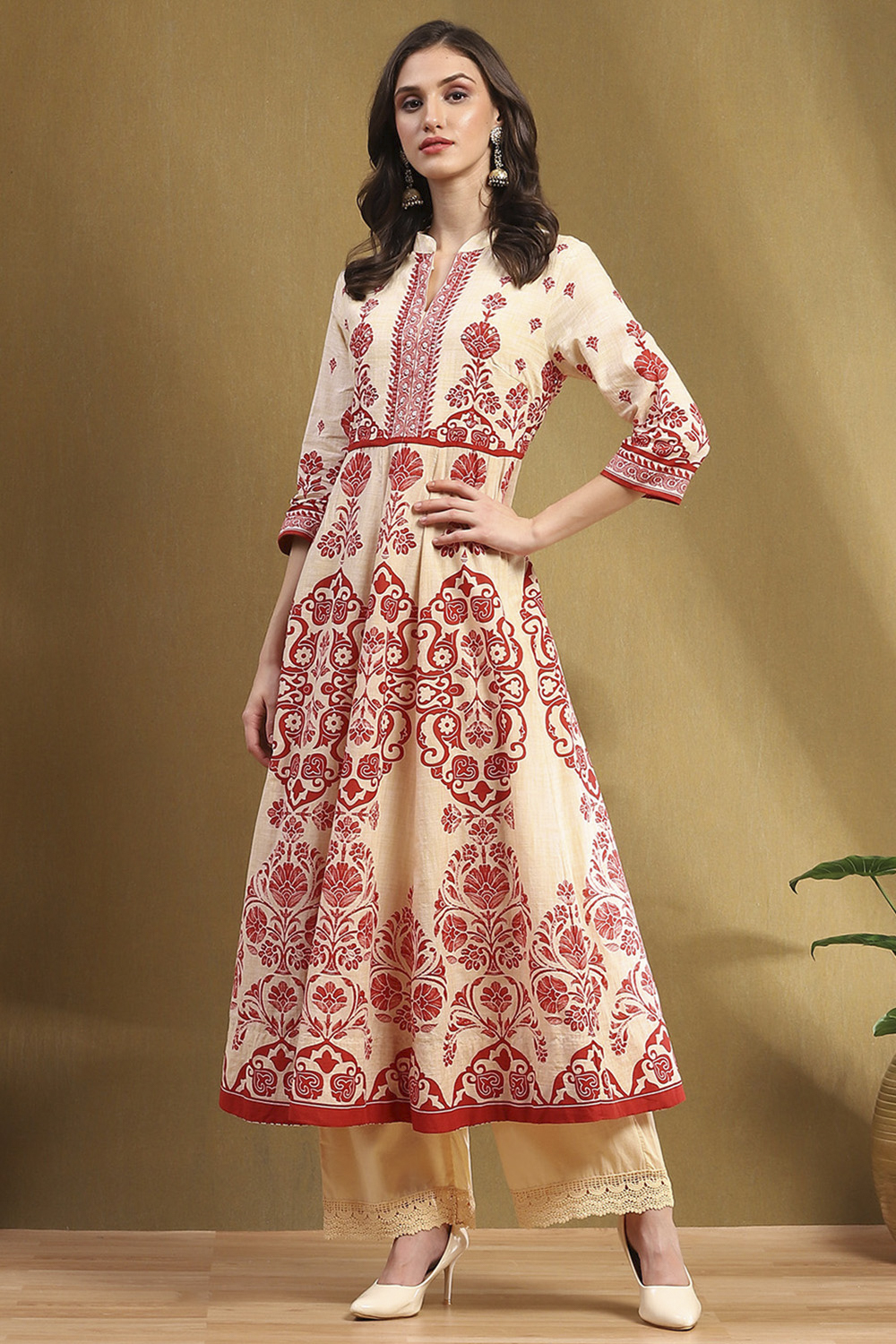 Ecru and Rust Cotton Printed Anarkali Kurta Set image number 0