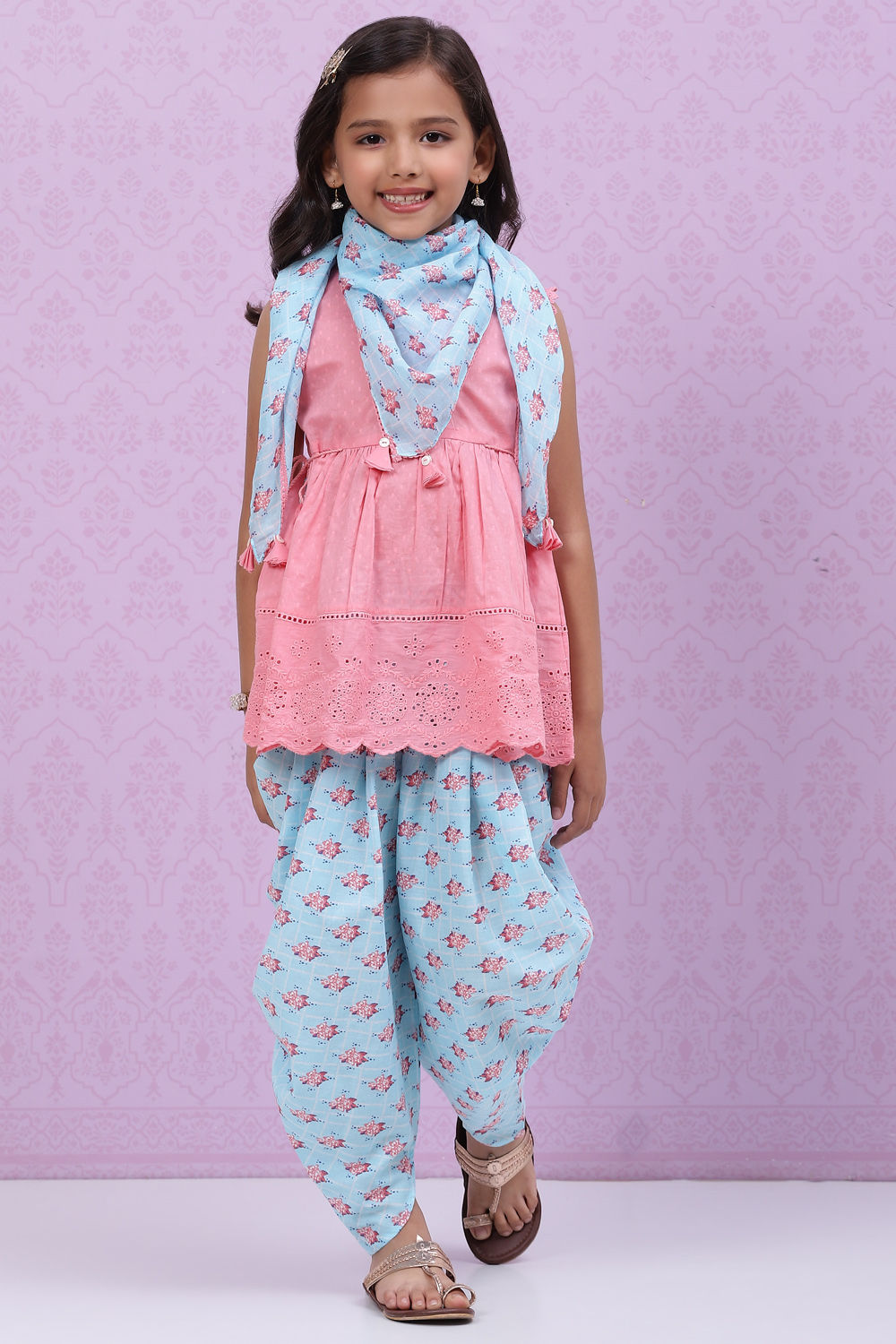 Pink Blue Cotton Flared Kurta Dhoti Salwar Suit Set image number 0