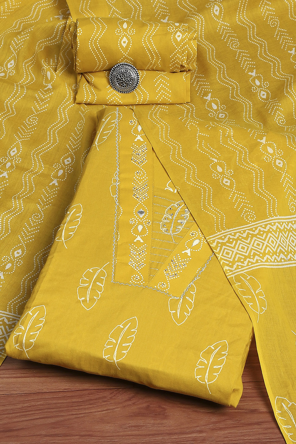 Mustard Yellow Cotton Printed Unstitched Suit Set image number 0