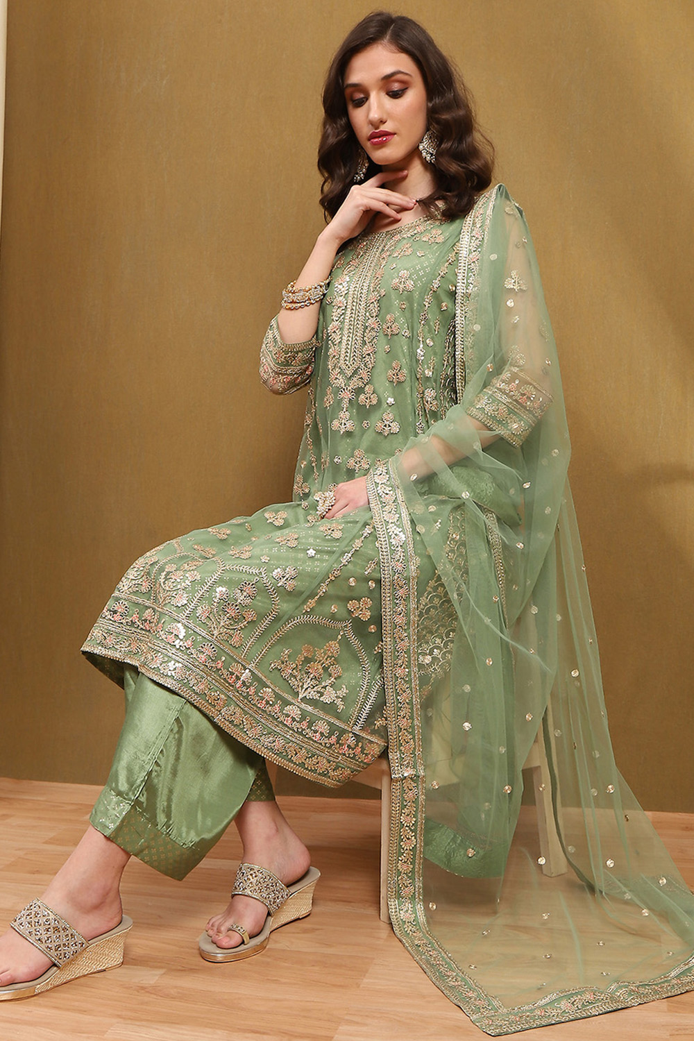 Green Net Kalidar Suit Set image number 0