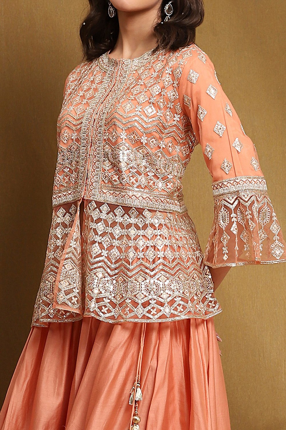 Peach Net Embroidered Peplum Kurta Lehenga Set image number 1