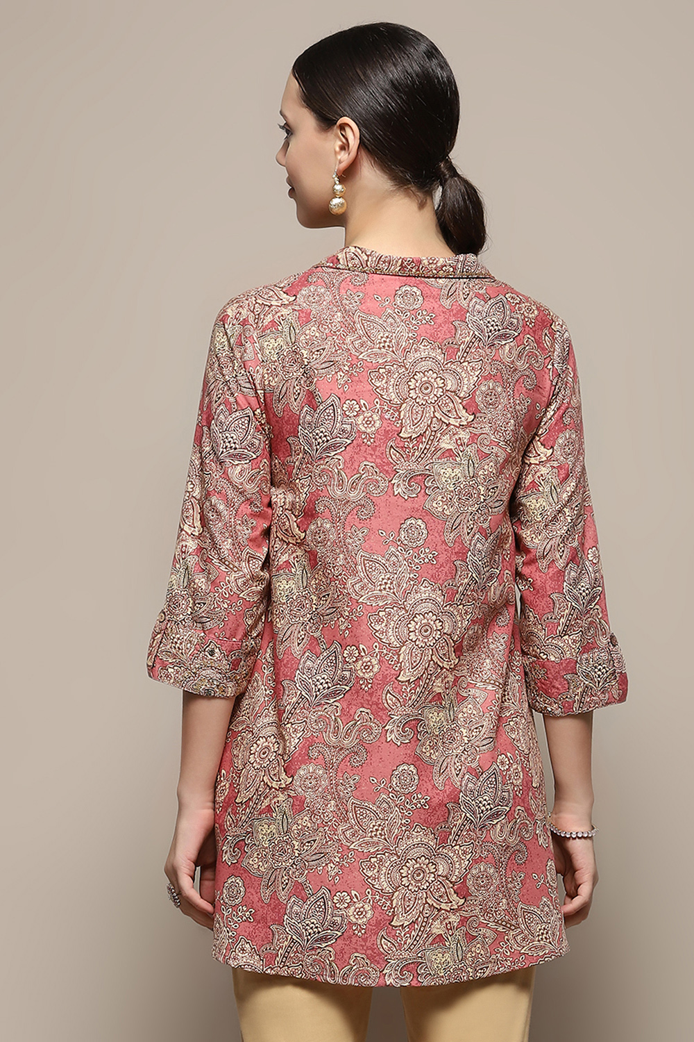 Rust Cotton Floral Printed A-Line Shirt Style Kurti image number 4