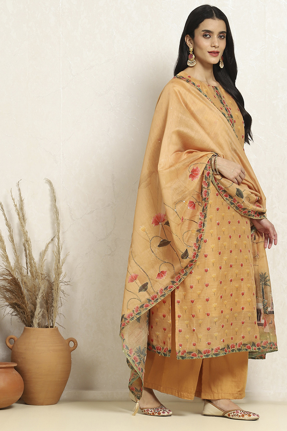 Dull Yellow Chanderi Floral Katha Work Unstitched Suit Set image number 6