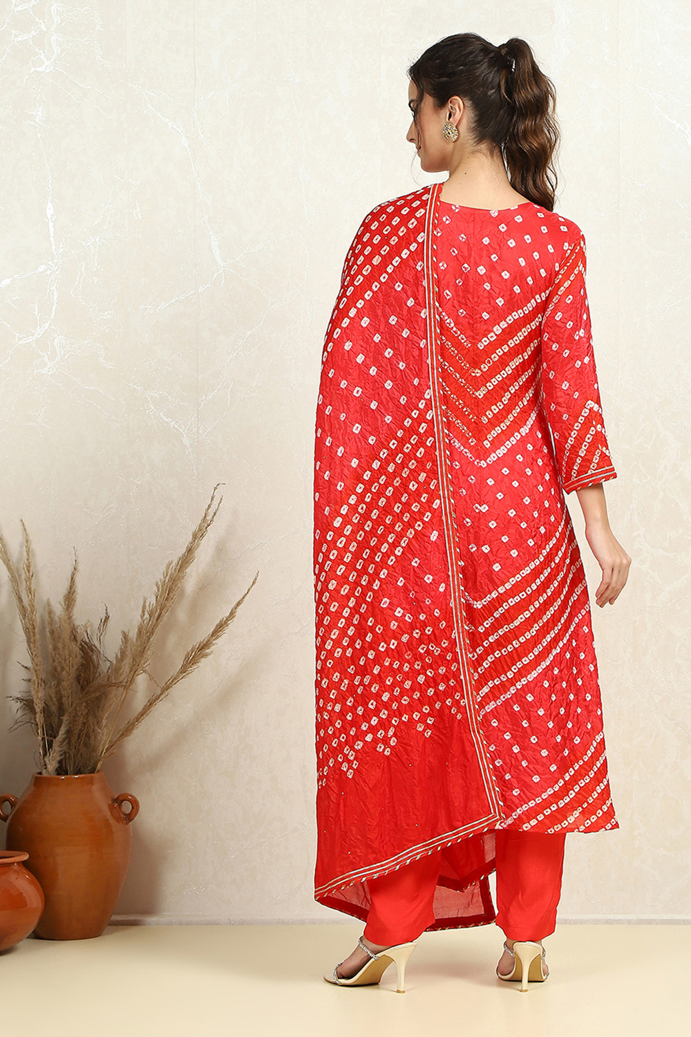 Orange Silk Blend Bandhej Unstitched Suit Set image number 4