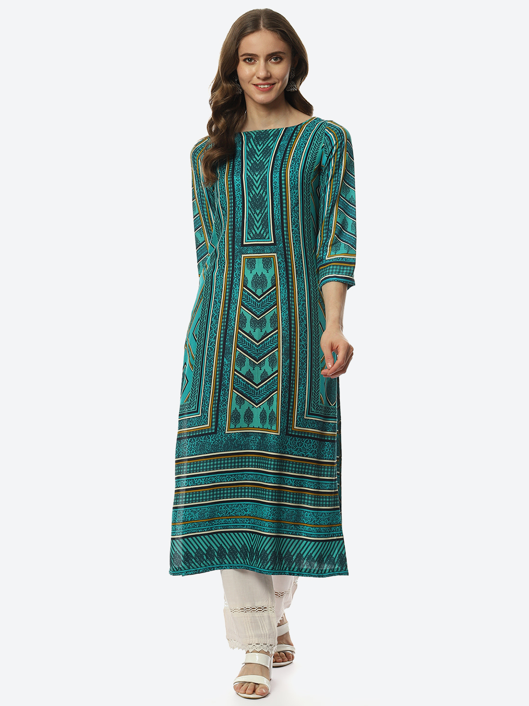 Green & Turquoise Rayon Straight Printed Kurta image number 0