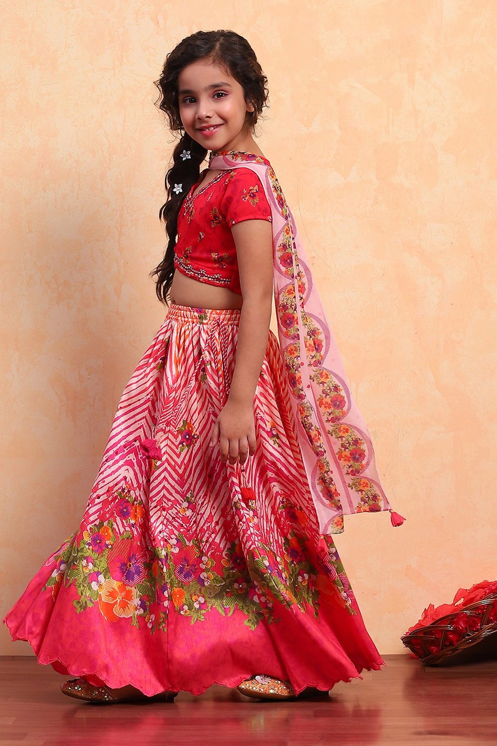 Coral Polyester Blend Short Straight Lehenga Set image number 3